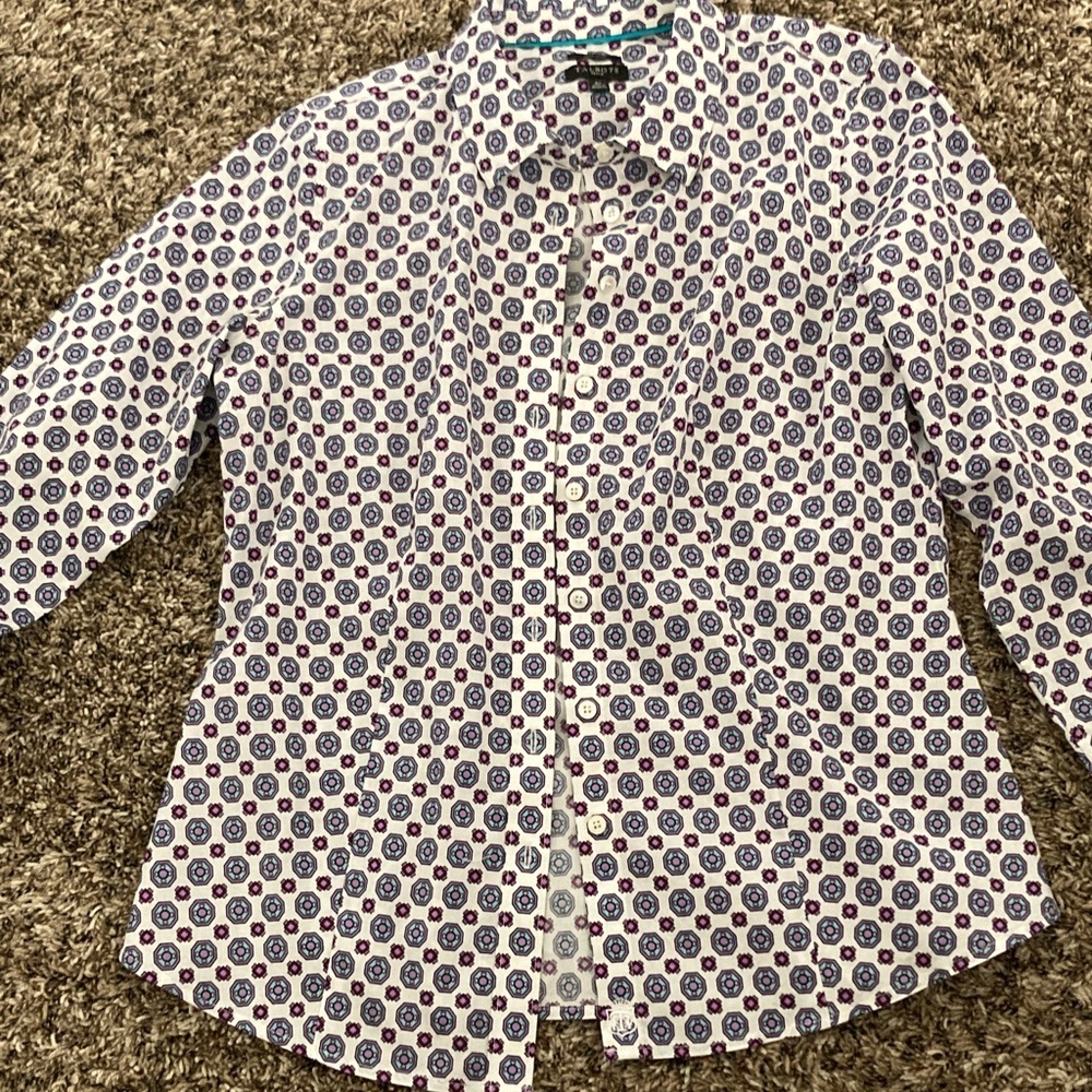 Talbots White and Blue Patterned Blouse